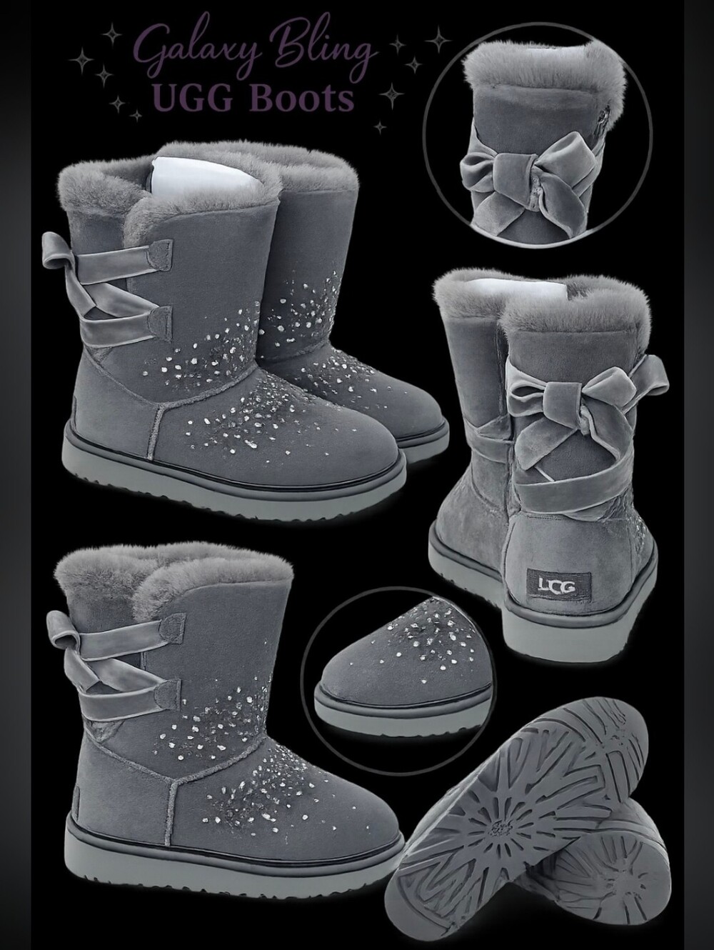 NEW UGG Gray Galaxy Bling Bow Shearling Mid-Calf Boots 10